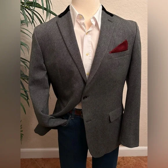 BAR III BLAZER SIZE 44 SLIM FIT SPORT COAT BLACK VELVET LAPEL TIP